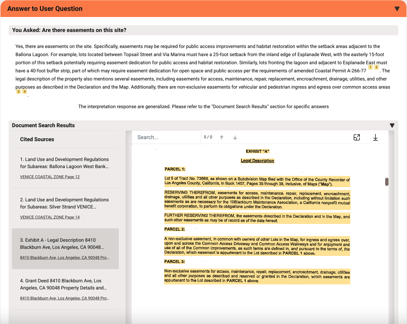 Screencap demonstrating AI generated answers based on user-provided documents
