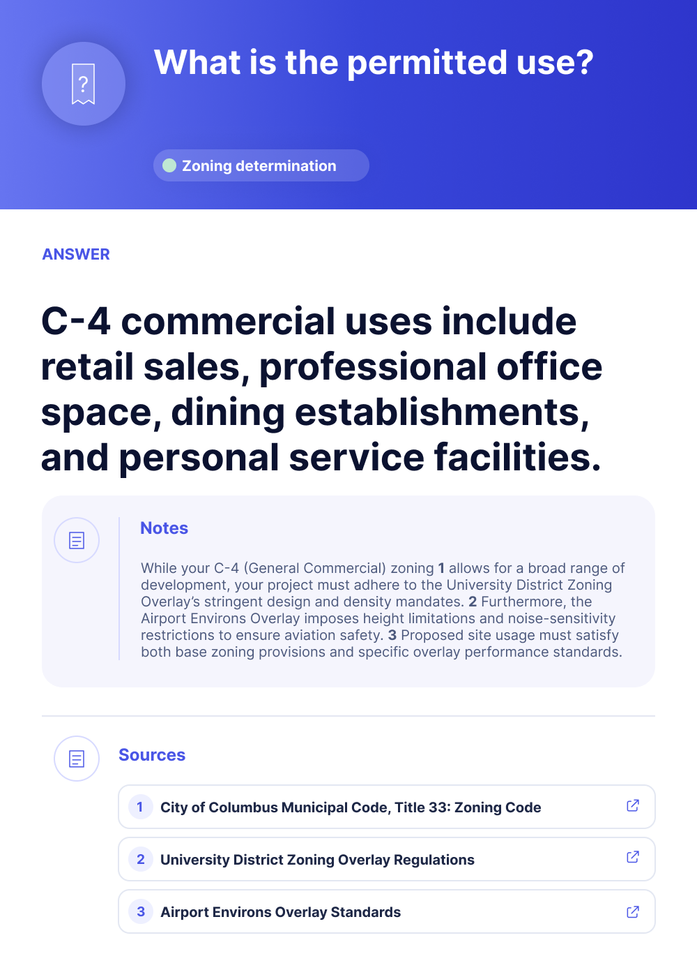 Text box titled 'What is the permitted use?' explaining permitted C-4 commercial uses, notes on zoning overlays, and citations for zoning regulations.