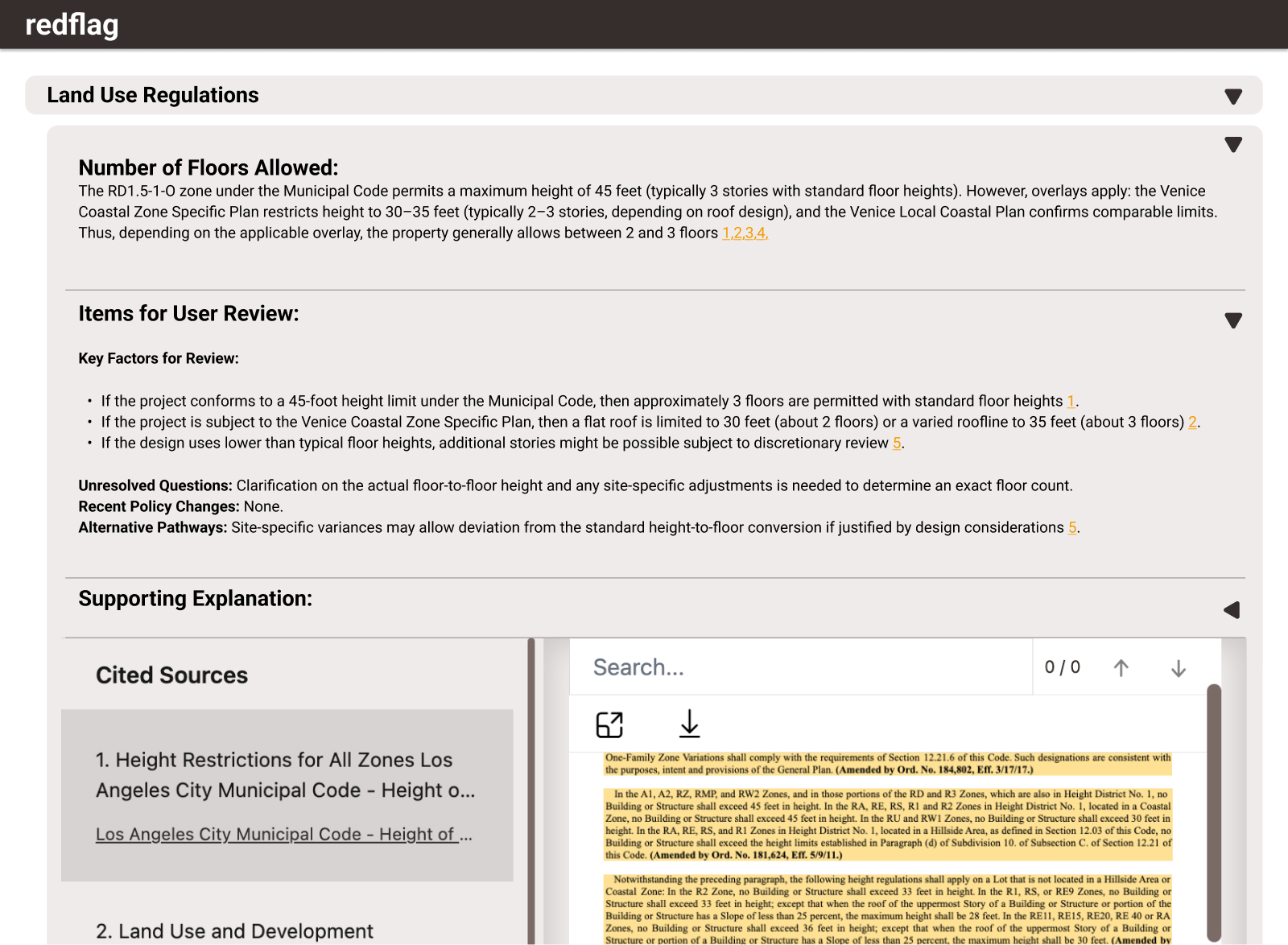 Screencap showing zoning report answer with sources