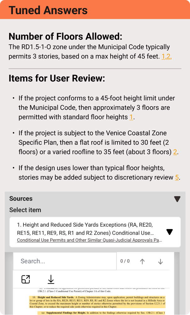 Screencap showing zoning report answer with sources